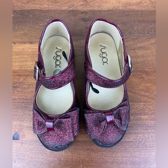 Sugar Brand Kenna Burgundy Sparkle Bow Mary Jane Flats Hook Loop Girls Size 10M. - Picture 9 of 12